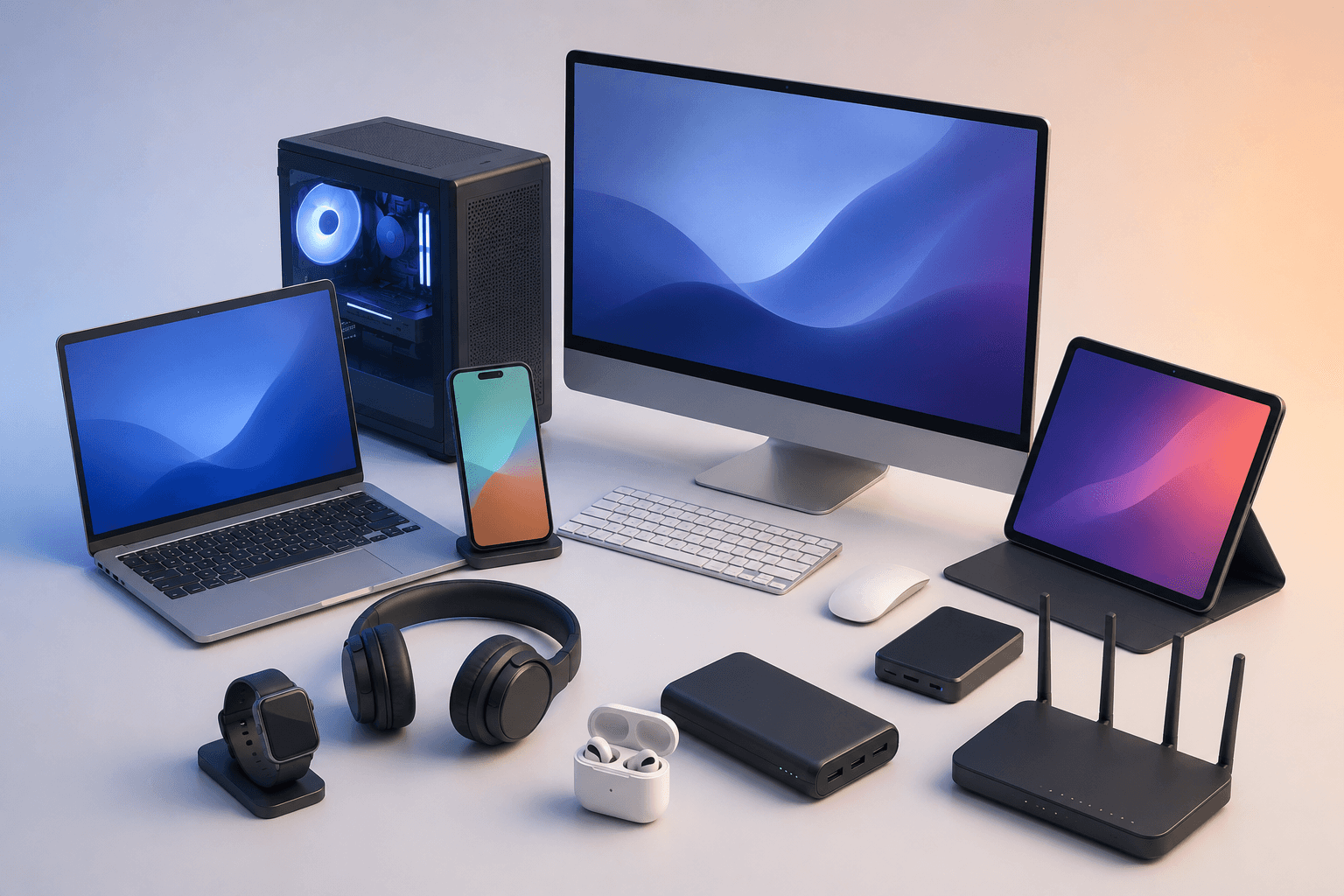 A collection of laptops, desktops, phones, and tablets ready for donation