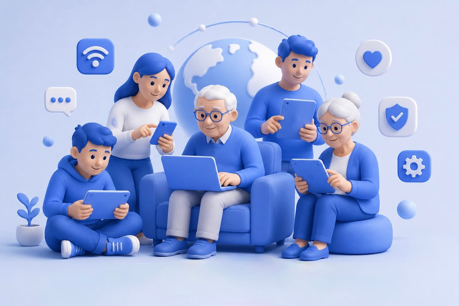 Illustrated family of all ages using laptops and tablets together