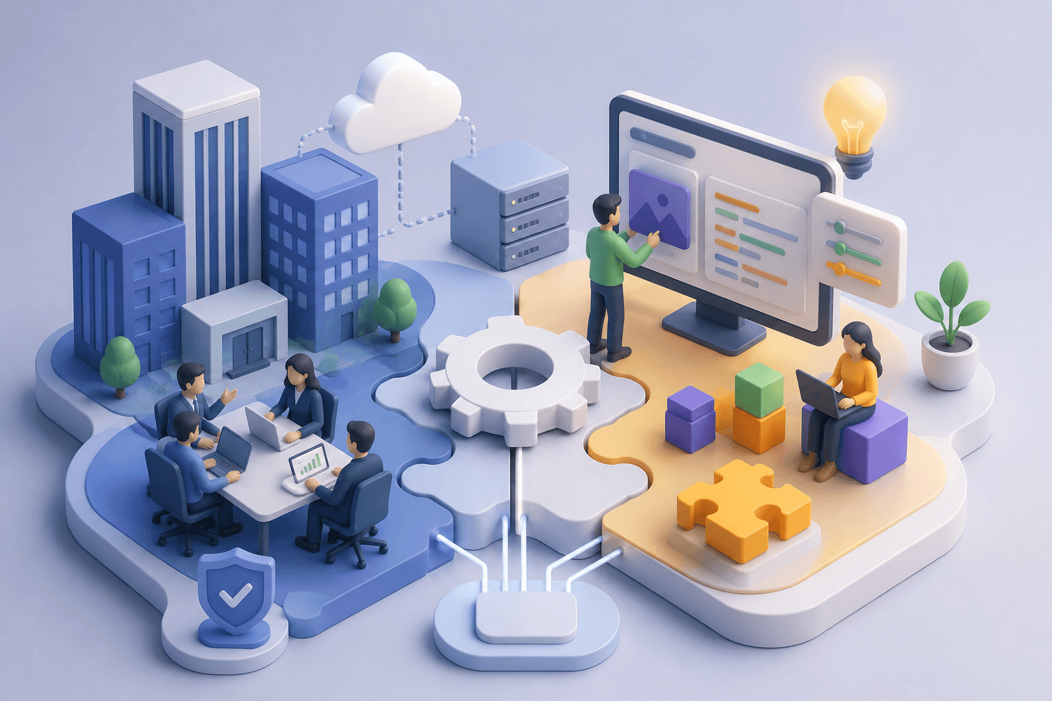 Isometric illustration of a team building custom digital workflows