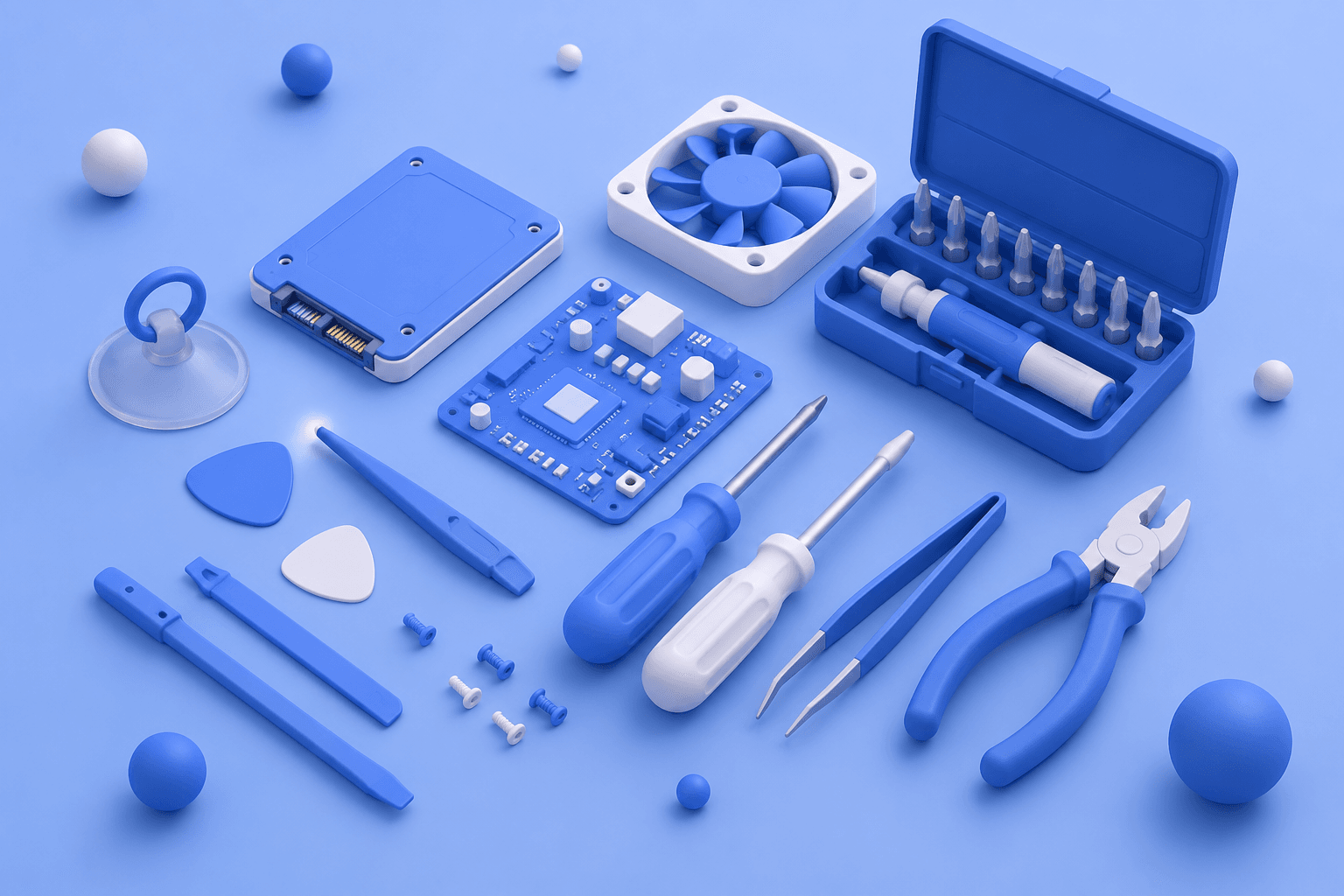 Repair tools laid out: screwdrivers, tweezers, pliers, and a circuit board