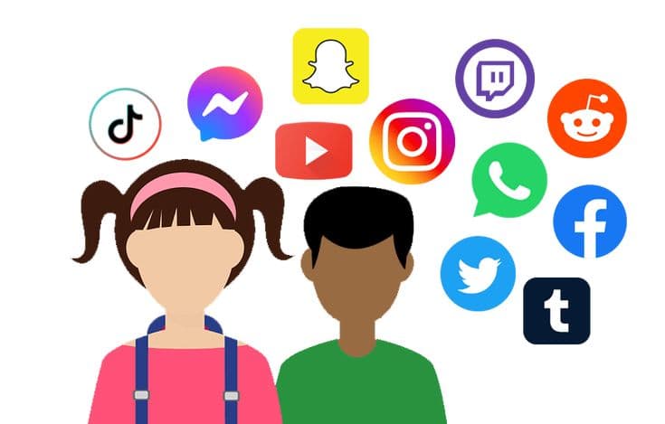 Illustration of two kids surrounded by social media app icons, representing digital citizenship education